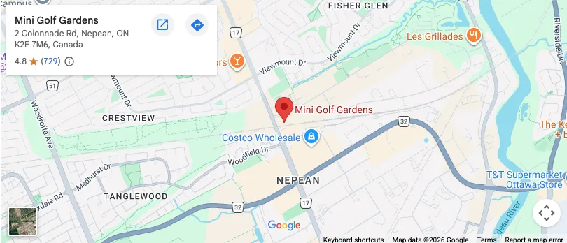 Map showing the location of Mini Golf Gardens at 2 Colonnade Road in Ottawa